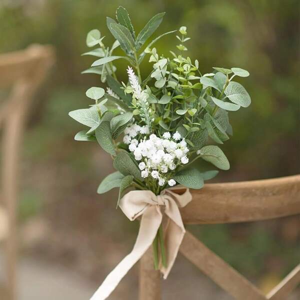 Artificial Flowers With Tulle Ribbon Lavender Eucalyptus Leaves Arrangement, Wedding Ceremony Chair Back Floral Decor For Reception Church Party Outdoor