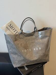 Large Capacity Fashionable Transparent Jelly Bag PVC Waterproof Shopping Bag, Korean Neutral Style Tote Bag, INS Fashionable Retro Casual Street Hipster Tote Bag, Japanese Slouchy Bag, Suitable For High School And University Students Going To School, Gym/Yoga/Travel Bag Or Mommy Bag, Letter Print Minimalist Celebrity-Inspired Creased Texture High-End Quality Multi-Layer Paper Handbag - Xám - Xem 1