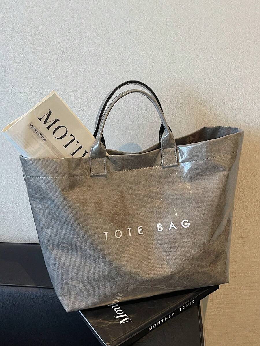 Large Capacity Fashionable Transparent Jelly Bag PVC Waterproof Shopping Bag, Korean Neutral Style Tote Bag, INS Fashionable Retro Casual Street Hipster Tote Bag, Japanese Slouchy Bag, Suitable For High School And University Students Going To School, Gym/Yoga/Travel Bag Or Mommy Bag, Letter Print Minimalist Celebrity-Inspired Creased Texture High-End Quality Multi-Layer Paper Handbag - Xám - Xem 1