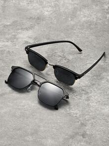 2pcs Retro Metal Frame Sunglasses, Classic Unisex Outdoor Travel Beach Vacation Casual Decoration Sunglasses, UV Protection Driving Glasses - 黑色 - 查看 2