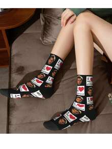 1 Pair Custom Face Print Mid-Calf Sports Socks For Men, Novelty Socks, Gift Socks - Black - View 6