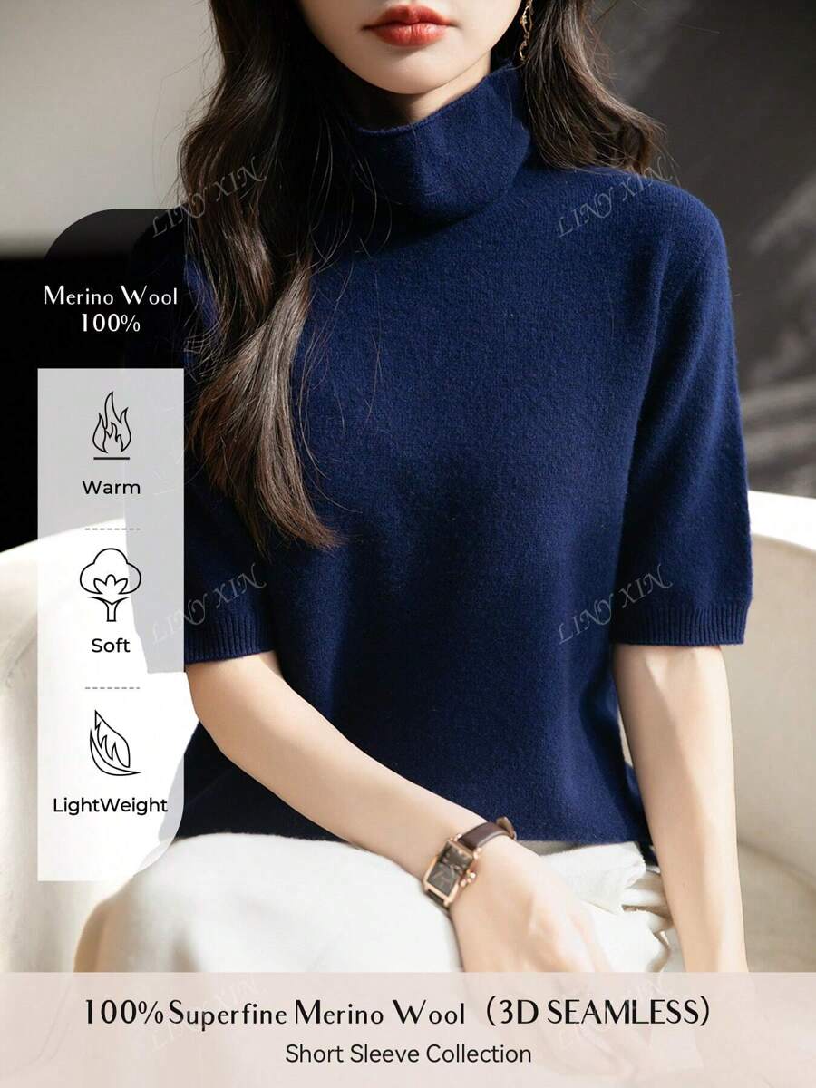 Hauts en 100% laine mérinos pour femmes, hauts d'été mignons, chandail sans couture élégant et décontracté, pull col roulé pour femmes, pull court à manches courtes pour le printemps et l'été, nouveau t-shirt en laine pour l'automne et l'hiver