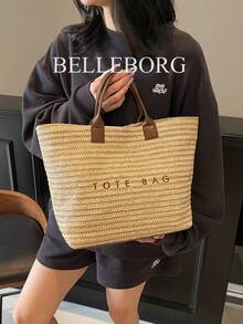 Large Capacity Casual Vacation Straw Tote Bag, Minimalist Elegant Women Shoulder Handbag, Hottest Beach Bags For Women, Fashion Summer Vacation Bag, Beach Essentials Women Bags For Vacation & Holiday, Newest Holiday Bag , Summer - Coffee Brown - View 8