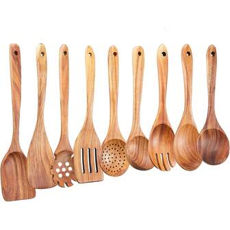 9件/1件高品质柚木烹饪用具套装适用于不粘锅 - 包括木勺和铲子