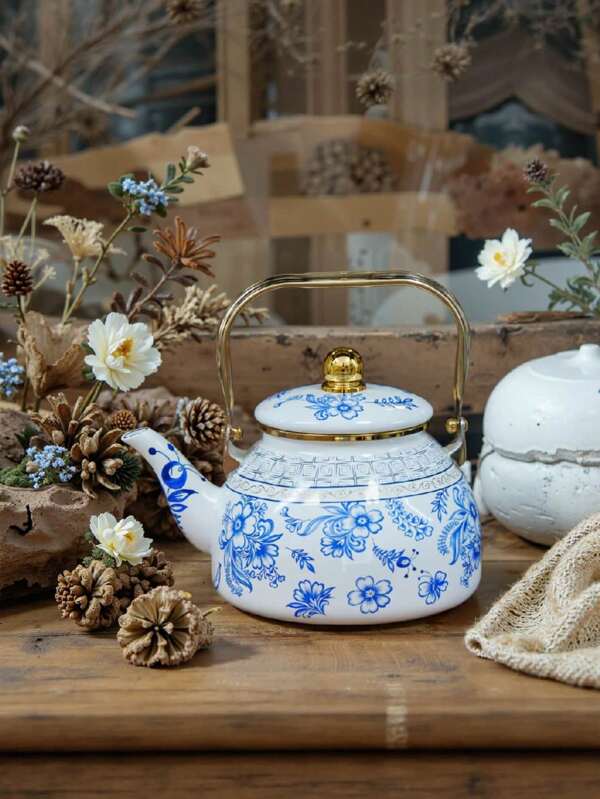 1pc Enamel Teapot With Vintage Floral Pattern, Traditional Chinese Design, Retro Stove-Top Boiling Kettle With Metal Handle, Suitable For Hot Water, Coffee, Milk And Juice, Decorative Chinoiserie Design