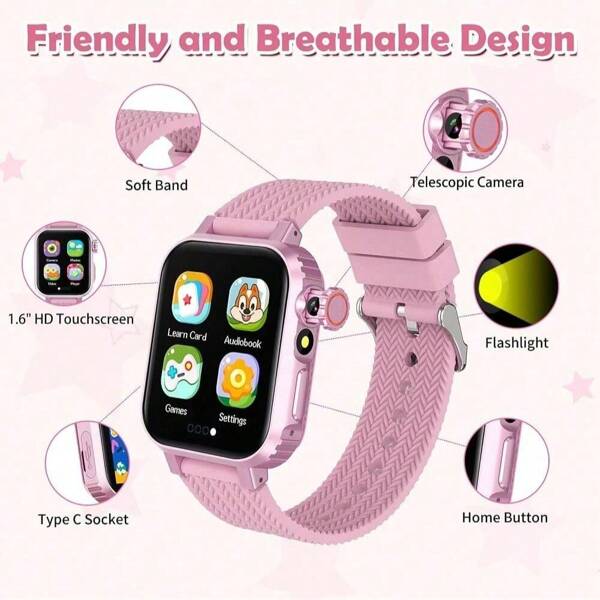2025 New Children Smart Watch With Extendable Camera, Video Player, Music Player, Photo Capture, 32 Puzzle Games, HD Touch Screen, Pedometer, Flashlight, Alarm Clock, 12/24H, Suitable Gift For 5-12 Years Old Boys And Girls