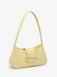 1 件复古简约芭蕾风格蝴蝶结豹纹外露衬里黄色波尔卡圆点安哥拉装饰单肩法棍包，适合约会、郊游、派对、情人节