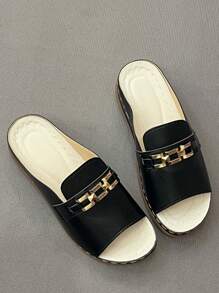 Summer Fashion Preppy Casual Elegant Metal Chain Detail Slide Sandals, Convenient And Cool For Going Out