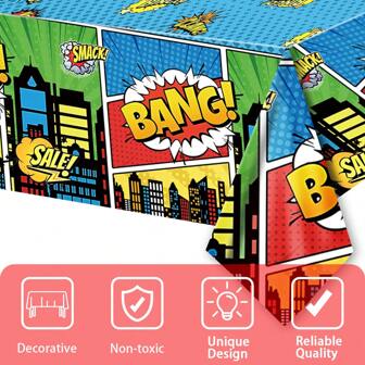 1pc, Superhero Themed Tablecloth, Disposable Plastic Party Cutlery Table Cover, Party Table Skirt Perfect For Superhero Enthusiast Parties, Birthday Parties, Anniversaries, Bachelor Parties, Party Supplies, Home Decoration, 42.8x70.8 Inch