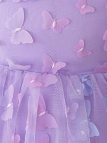 Young Girls' Round Neck Butterfly Net Tulle Elegant Party Princess Dress, Suitable For Flower Girl, Birthday, Outing, Excludes Hair Accessory