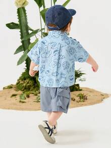 mini bala 男童短袖套装婴儿透气可爱恐龙衬衫短裤两件套