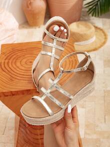 Women's 2025 Summer New Arrival Straw Braid Sandals, Vacation Style Wedge Heel Platform Canvas Sole Ankle Strap Sandals - Gold - View 2