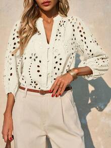 Womens Eyelet Blouse Deep V Neck 3/4 Balloon Sleeve Cotton Button Down Shirt - 白色 - 查看 3