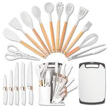19pcs Premium Silicone Kitchen Utensil & Knife Set - Heat-Resistant, Non-Stick Safe Cooking Tools With Wooden Handles & Chef Knives - Includes Storage Stand - Perfect Gift For Juneteenth - 白色 - 查看 3