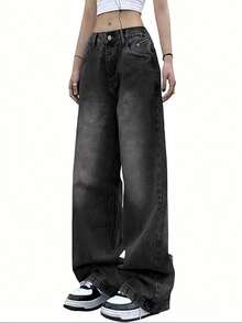 Women Wide Leg Jeans Mid-Low Waist Baggy Jeans Loose Boyfriends Jeans Vintage Y2K 90s Denim Pants - 黑色 - 查看 2