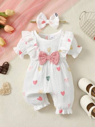 2pcs Cute Infant Baby Girl Romper With Double-Sided Heart Bow + Headband Set, Summer