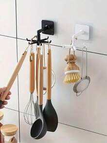 2pcs 360° Rotatable Pot Rack - No Drilling Required, Wall-Mounted, Expandable Black Plastic Kitchen Organizer Rack With Round Ceiling Storage Shelf, Suitable For Spoons, Ladles And More - Multicolor - View 3