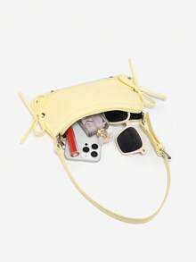 1pc Vintage Ribbon Bow Decor Exposed Strap Red Leopard Print Shoulder Armpit Baguette Bag, Suitable For Dating, Street, Party - Yellow - View 5