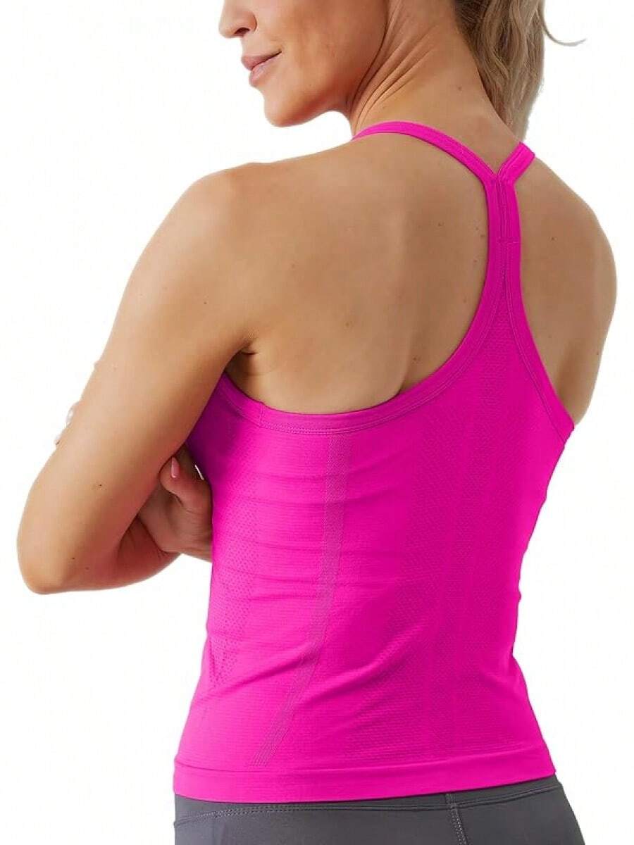 Workout Tops Women With Built In Bra, Sleeveless Gym Tops Seamless Racerback Athletic Yoga Shirts, Activewear - 玫紅色 - 查看 1