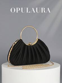 OpulAura 女款金屬感奢華晚宴包，優雅派對手拿包，靜奢風閃亮晚宴包，禮服搭配包，適合舞會、派對、婚禮、新娘、伴娘、生日禮服，手持晚宴包，手拿包 - 黑色 - 查看 2