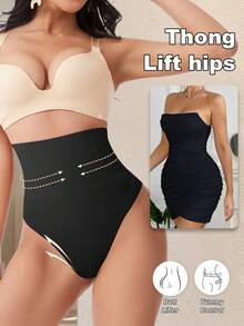 High Waist Seamless Thong Panties, Tummy Control Butt Lifting Shapewear Underwear - Black - View 6