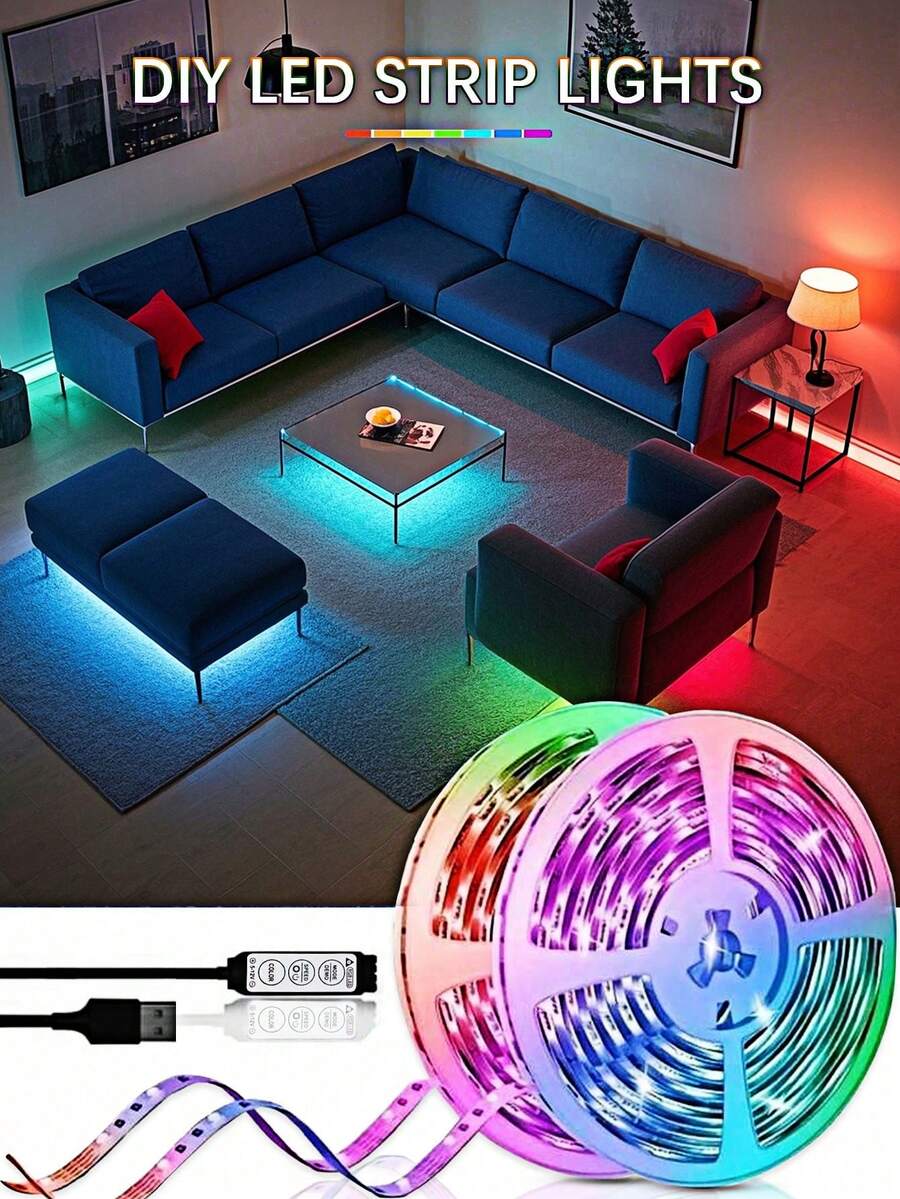 1 个 RGB LED 灯带，USB 5V 供电，3 键控制器，适用于家庭装饰派对节日照明客厅卧室电视背景氛围灯