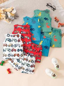 8pcs/Set Baby Boy Outdoor Summer Dinosaur & Car Print Top + Casual Shorts Set - Multicolor - View 2
