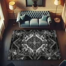 1pc Luxury Black & Gray Vintage Boho Area Rug With American Creative Elements, Rectangular Soft & Anti-Slip Carpet For Outdoor, Entryway, Living Room, Bedroom, Laundry Room, Bathroom, Game Room, Machine Washable, Home Decor