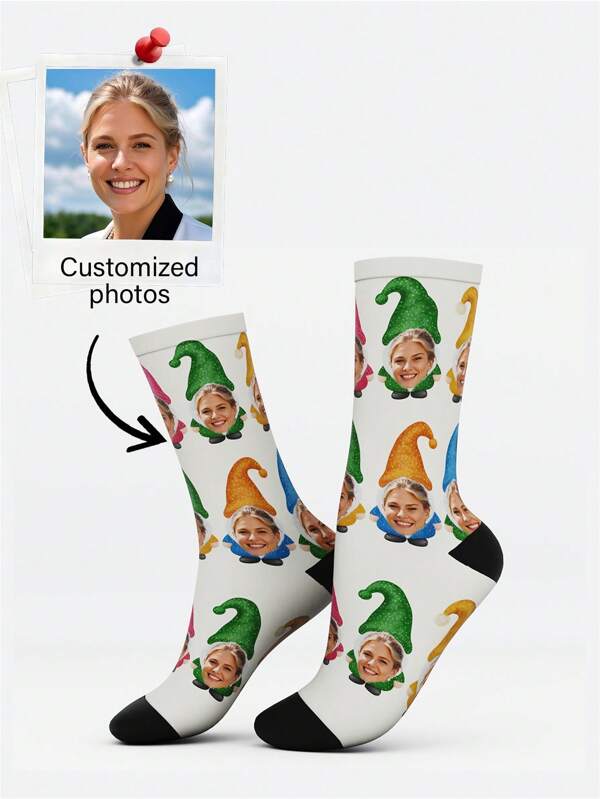 1 Pair Men's Custom Face Print Mid-Calf Socks, Personalized Easter Pattern Socks, Holiday Gift Socks