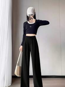 Pantalones rectos sólidos con cierre de cremallera de traje informal de mujer con pliegues y bolsillos - Negro - Ver 3