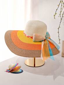 Nuovo cappello di paglia a tesa larga di stile boho da donna, con decorazione in pizzo e fiocco, cappello da spiaggia alla moda, a tesa ampia pieghevole per uso esterno, tempo libero, viaggi, colore vivace - Multicolore - Visualizzare 1