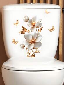 1pc 3D Gold Flower Toilet Lid Sticker, WC Pedestal Pan Cover Decal, Waterproof Mural Art For Bathroom Vinyl Decal, Decorative For Bathroom, Bathroom Decor, Removable Sticker Festival Decoration Rama, Spring Decoration Items Refresh Your Home, Festival Decoration Stickers