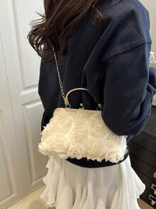 2025 Spring/Summer White Romantic Wedding Season 1pc White Pearl Net Flower Clasp Handbag, Elegant Women's Luxury Formal Dress Evening Bag, Bridal Wedding Party Clutch, 3D Floral Design Shell Clip Bag, Spring New Gift For Girlfriend, Wife, Bridesmaids