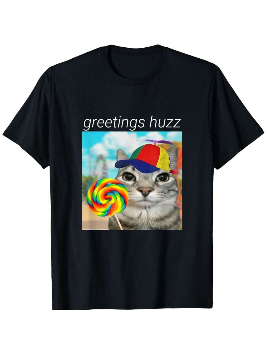 Men's "Greetings Huzz" Funny Cat Meme Cotton T-Shirt - Casual Black Crew Neck, Short Sleeve Tee With Colorful Lollipop Design, Perfect For Daily Wear & Holiday Gifts, Cat Lover Gifts - màu đen - Xem 1