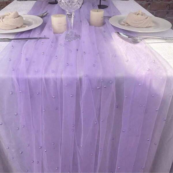 Long Beaded Tulle Dessert Table Cloth Romantic Wedding Veil Tulle Arch Decorations Bridal Shower Holiday Birthday Party Decor