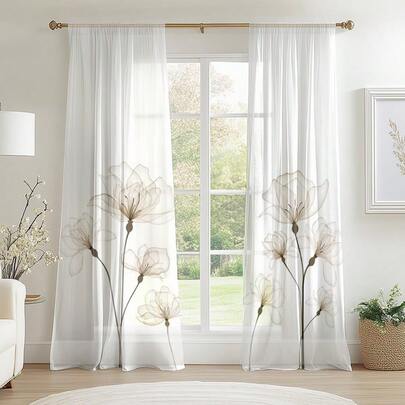 2pcs/Set Artistic Decorative Blue Floral Sheer Curtains, Semi-Transparent With Rod Pocket Design, Suitable For Bedroom, Living Room, Kitchen And Dining Room, Perfect For Minimalist And Fresh Home Decor