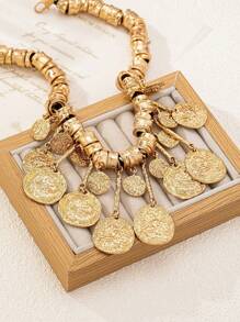 1pc Asymmetrical Vintage Coin Style Tassel Decor Necklace, Elegant Luxurious Look