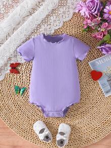 2pcs/Set Baby Girl Ribbed & Butterfly Print Solid Short Sleeve Bodysuit Outfit - Multicolor - View 3