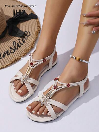 IH2 Women Bohemian Fashion Holiday PU Leather Beaded Criss-Cross Flat Sandals, Party, Beach, Outdoor, Summer