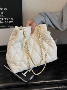 Large Capacity Fashion Tote Bag With Quilted Embroidery, Soft Padded, Winter Chain Strap Shoulder/Crossbody Bag For Women - White - View 1
