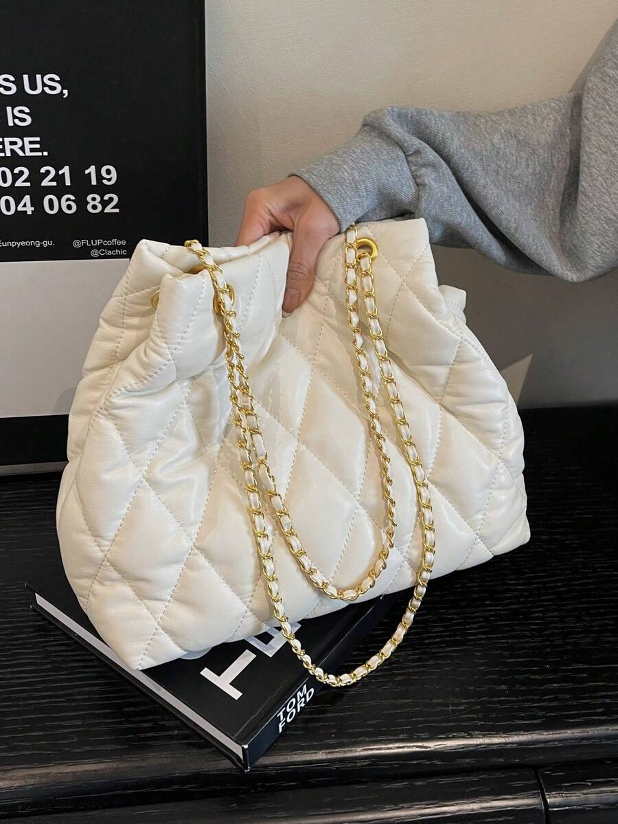 Large Capacity Fashion Tote Bag With Quilted Embroidery, Soft Padded, Winter Chain Strap Shoulder/Crossbody Bag For Women - White - View 1