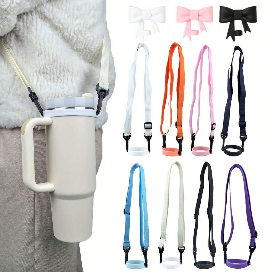 2pcs/1pc Water Bottle Handle With Shoulder Strap, Water Bottle Shoulder Rope Crossbody Bag With Strap Water Bottle Bracket Belt, Water Bottle Accessories Water Bottle Accessories Handbag Classic Bow Straw Covers Cap Toppers Compatible With 30&40 Oz Tumbler Cups,Reusable Cute Silicone Straw Tips Lids Protectors For 0.4 In/10mm Cups Straw Accessories - Multicolor - View 1