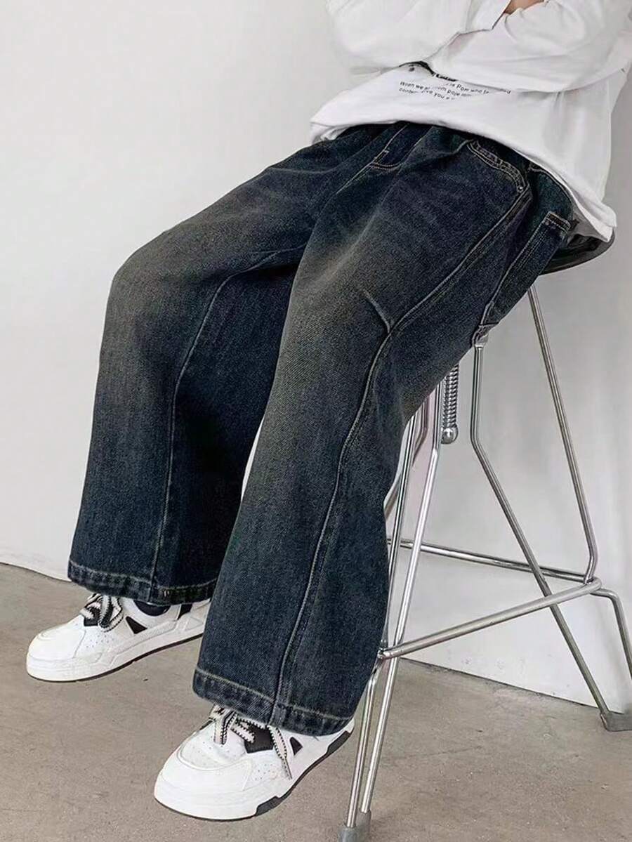Tween Boy Casual Pocketed Loose Wide-Leg Jeans - Dark Wash - View 1