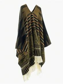 1pc Men's Striped Totem Travel Wrap Shawl With Tassels, Warm Patterned Poncho For Photography & Casual Wear
