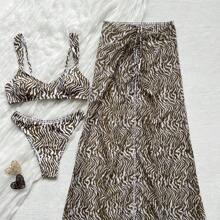 3pcs Women's Sexy Backless Spaghetti Strap Brown Zebra Print High Elasticity Bikini Set - Green - View 3