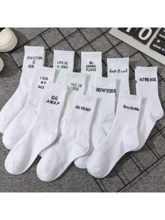 Random 5 Pairs Of White Women's Socks Mid-Tube Stockings Preppy European Street Alphabet Men's And Women's Stockings Sport Hip Hop Street Suitable For Everyday Use