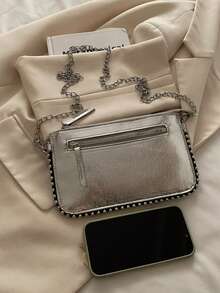 1 件信封手拿包，时尚金属银色女士手提包，链条单肩包/斜挎包，拉链小方包