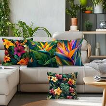 4 pièces Ensemble de housses de coussin imprimées de plantes tropicales et de fleurs, 45 cm x 45 cm, imprimé sur un seul côté