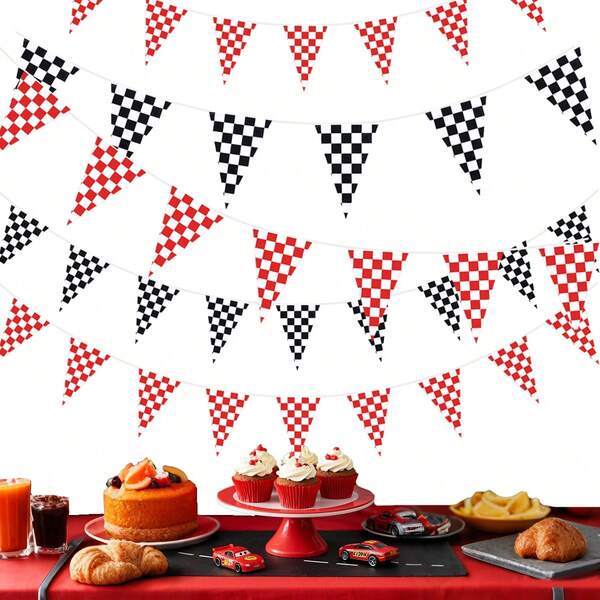 Bandiera scacchiera bianco e nero da 49 piedi, 24 bandierine a triangolo rosso e bianco, decorazioni in tessuto a ghirlanda per festa a tema sportiva, compleanno, doccia nuziale, barbecue, bar, all'aperto, matrimonio, spiaggia, ritorno a scuola, decorazioni per la stanza