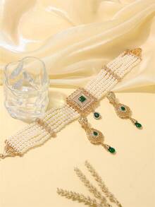 2 piezas Conjunto de joyería chapada en oro marroquí para mujeres, collar diadema y aretes, estilo palacio vintage, conjunto nupcial y de boda, accesorios de regalo para mujer en el Día de San Valentín